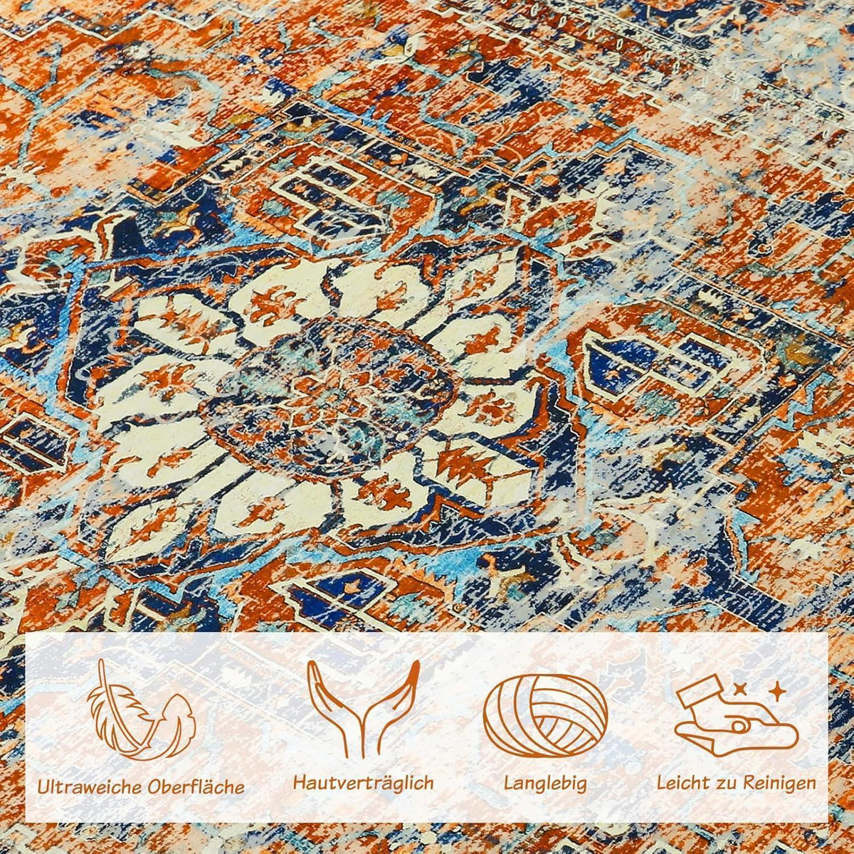 Boho Teppich Wohnzimmer 140x200cm – Orange, Kurzflor & Rutschfest