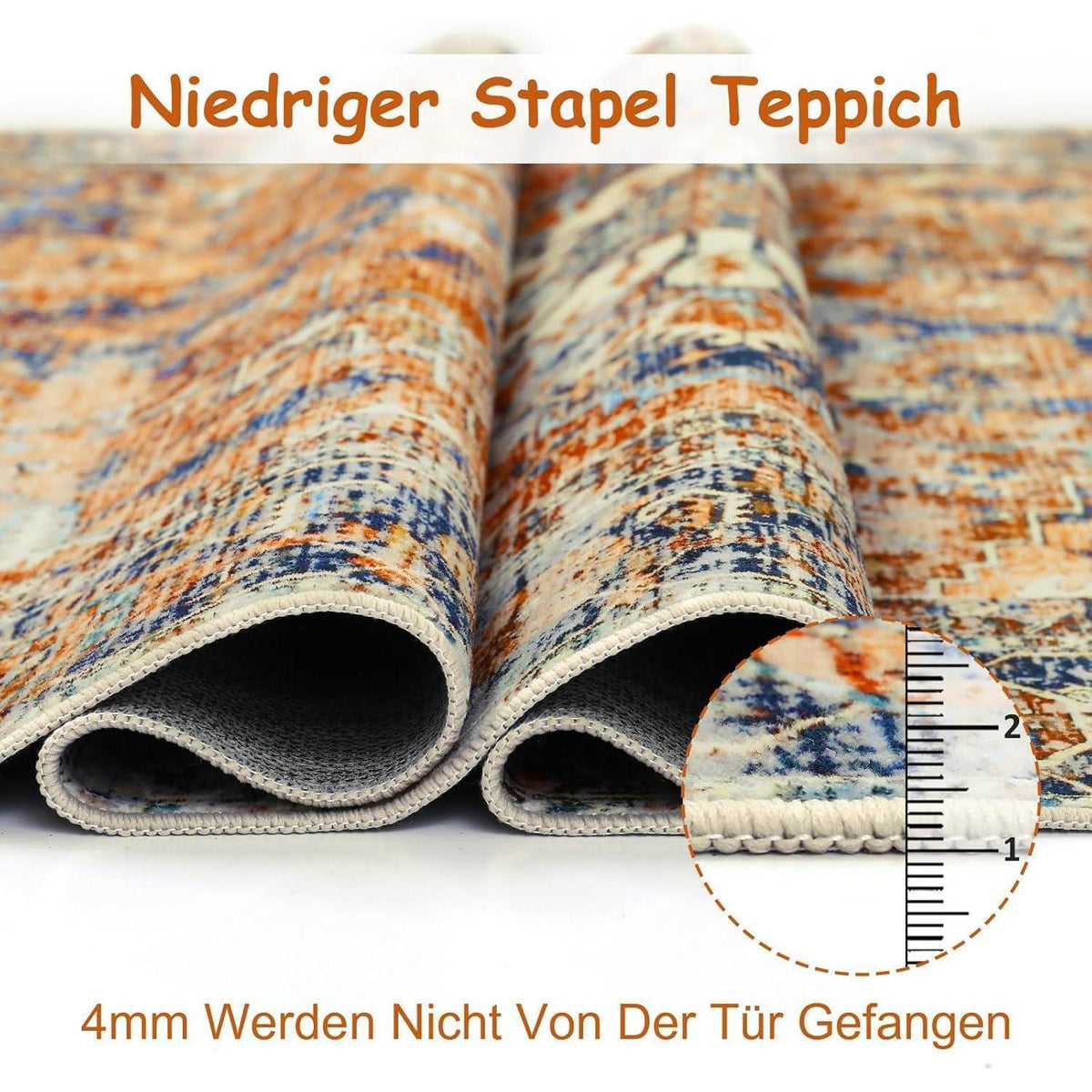 Boho Teppich Wohnzimmer 140x200cm – Orange, Kurzflor & Rutschfest