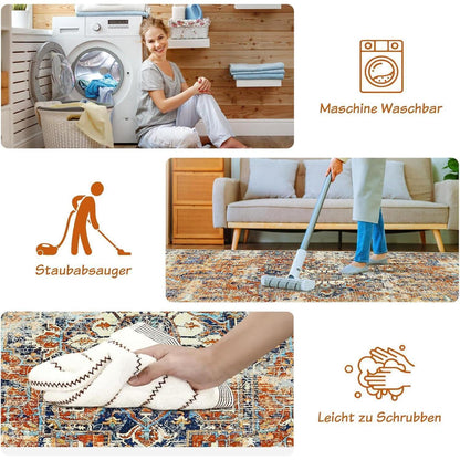 Boho Teppich Wohnzimmer 140x200cm – Orange, Kurzflor & Rutschfest