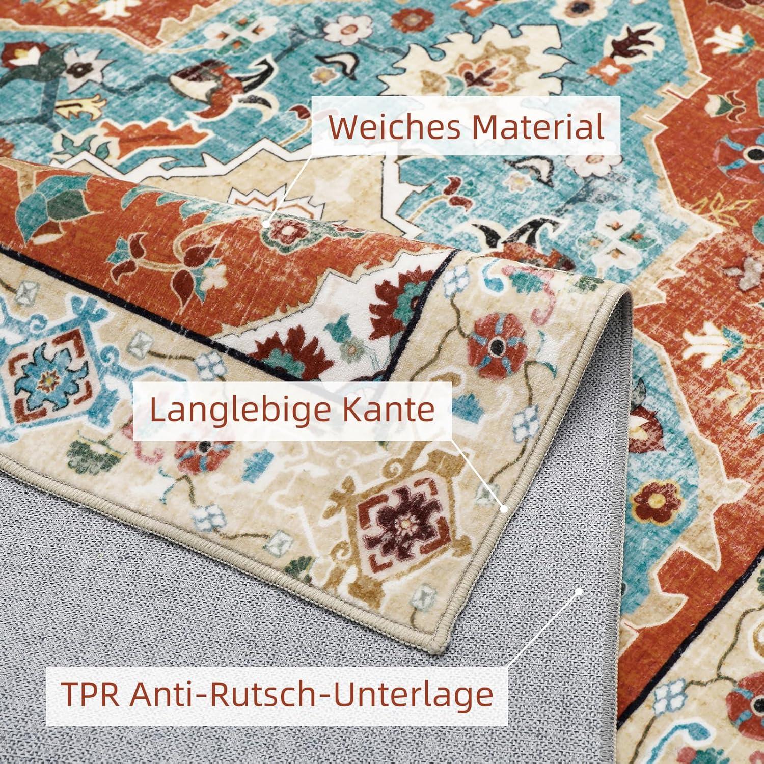 Vintage Teppich Orientalisch rutschfest waschbar Kurzflor 160x230cm Orange Blau