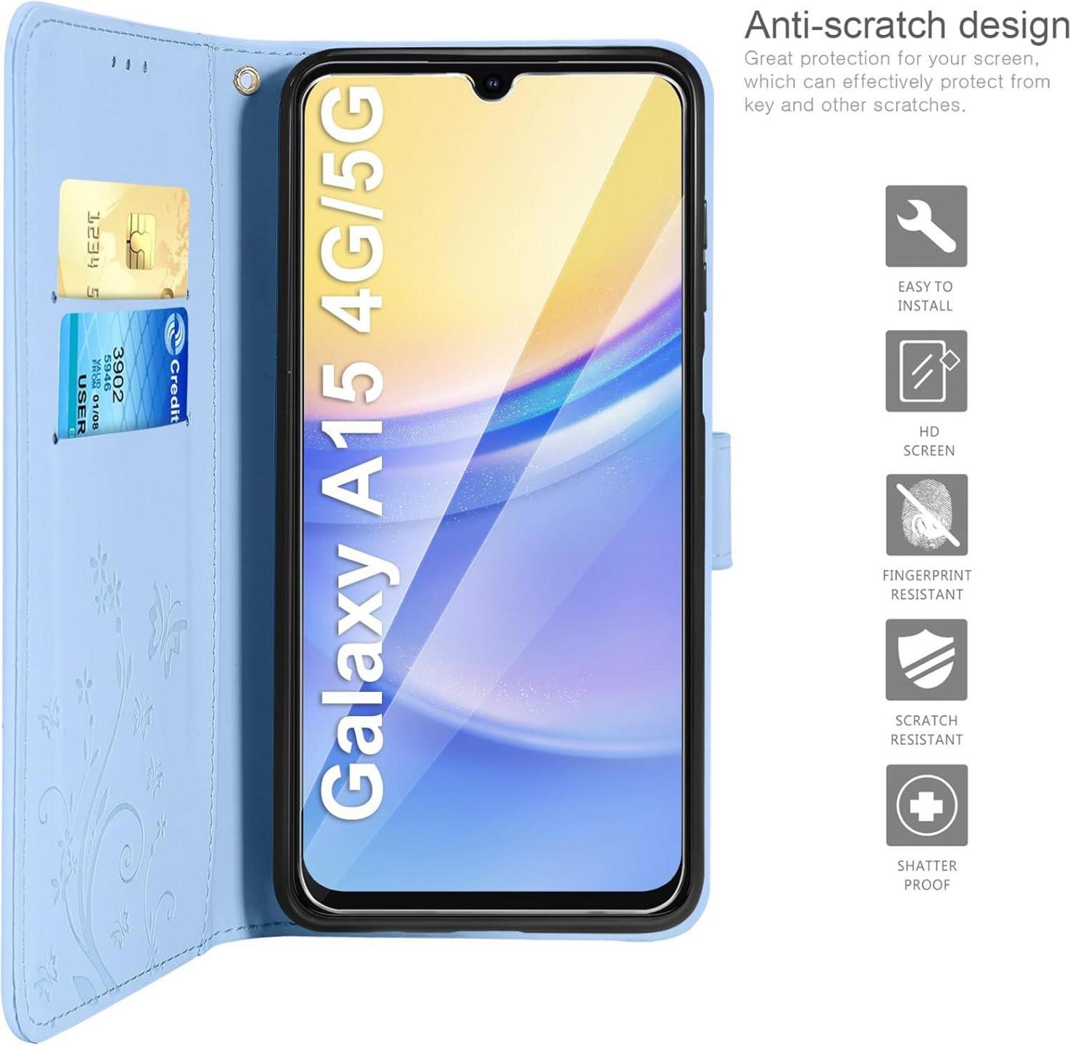 Lederhülle für Samsung Galaxy A15 5G/4G, Wallet Handyhülle Blau