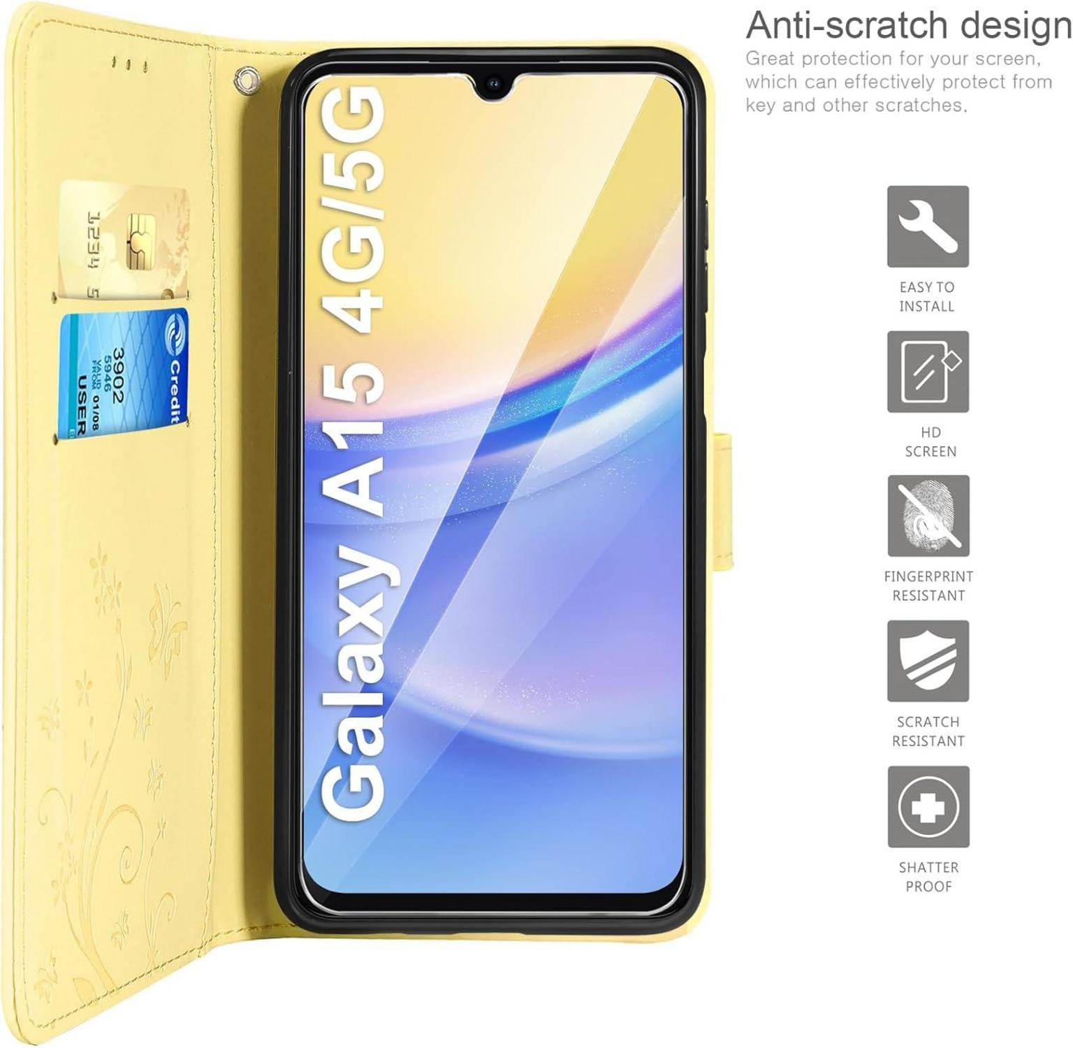 Lederhülle für Samsung Galaxy A15 5G/4G Gelb Flip Wallet Magnetisch
