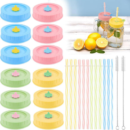 12er Set Mason Jar Deckel mit Strohhalmöffnung & Silikonringen