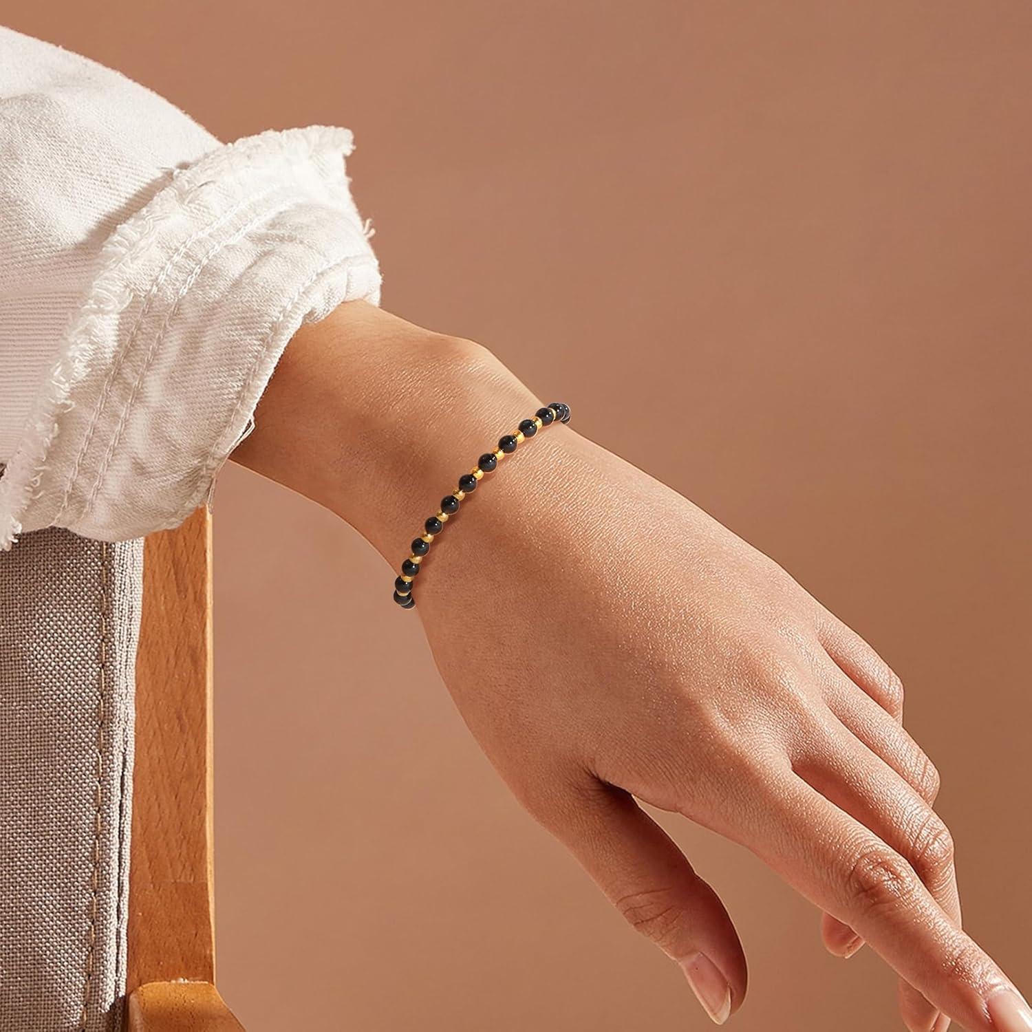 Perlen Armband Damen Naturstein Edelstahl Verstellbar Schwarz