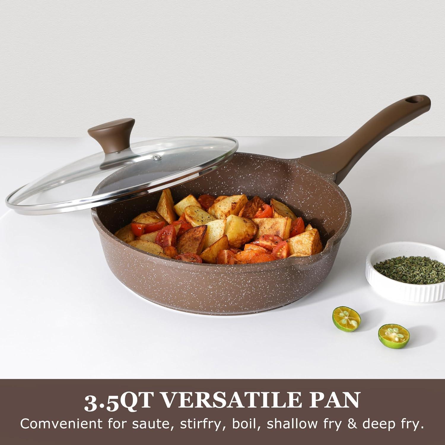 SENSARTE Toffeebraune Antihaft Pfanne 28cm mit Deckel, Induktion Geeignet