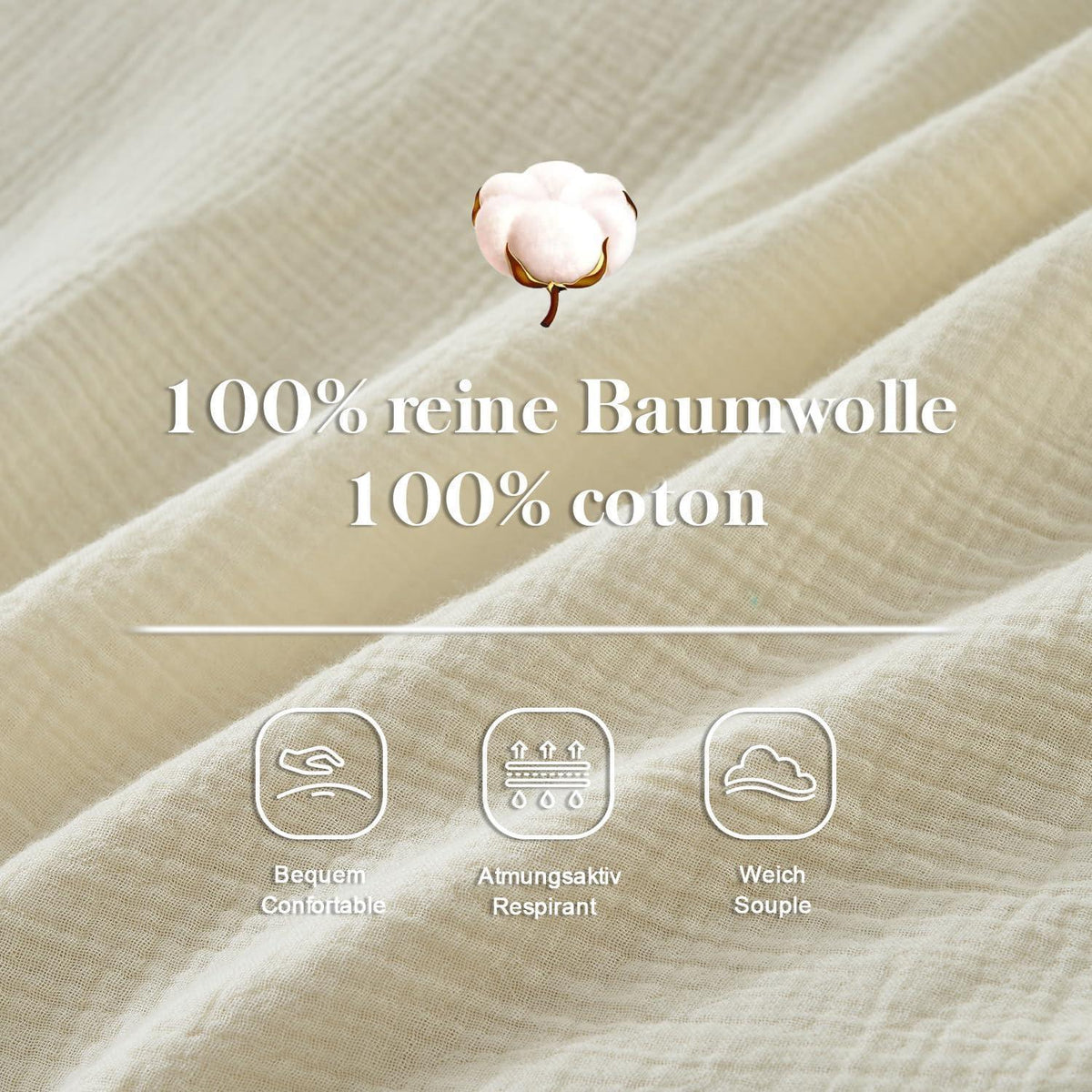 Musselin Bettwäsche Set 200x200 cm – Atmungsaktiv & Weich, Beige