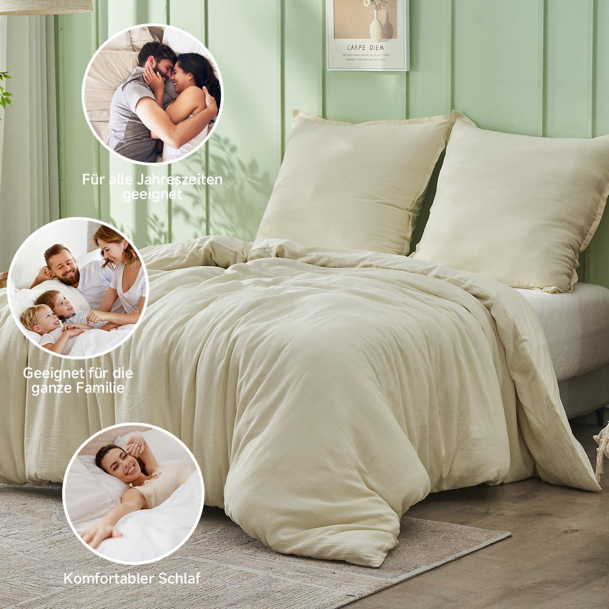 Musselin Bettwäsche Set 200x200 cm – Atmungsaktiv & Weich, Beige