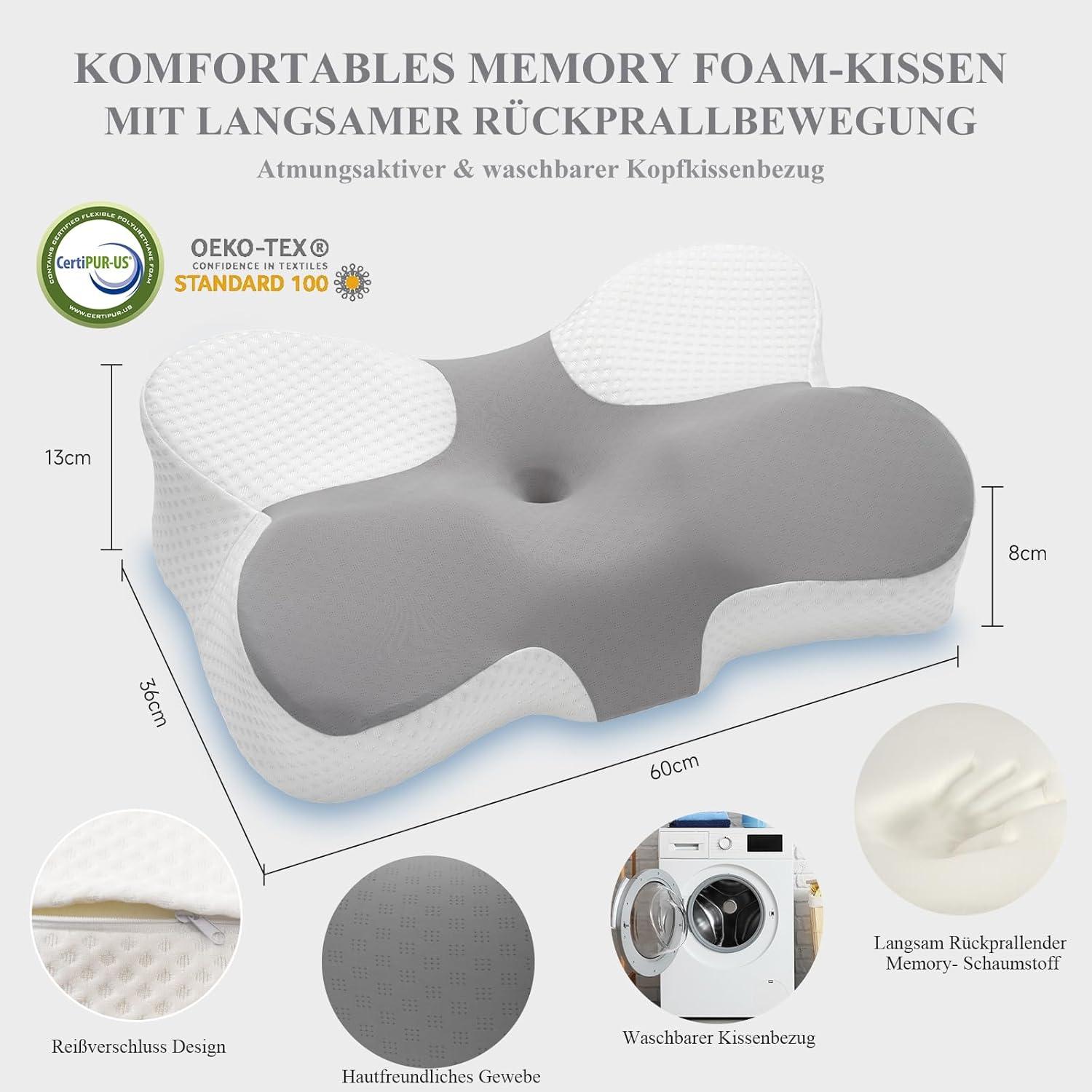 Orthopädisches Memory Foam Nackenkissen 36×60 cm, Seitenschläfer, Rückenschläfer, Bauchschläfer