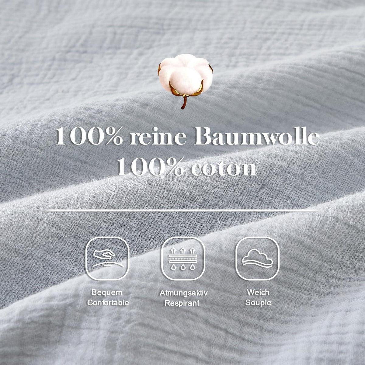 Musselin Bettwäsche Set 200x200 cm, Hellblau – Atmungsaktiv & Weich