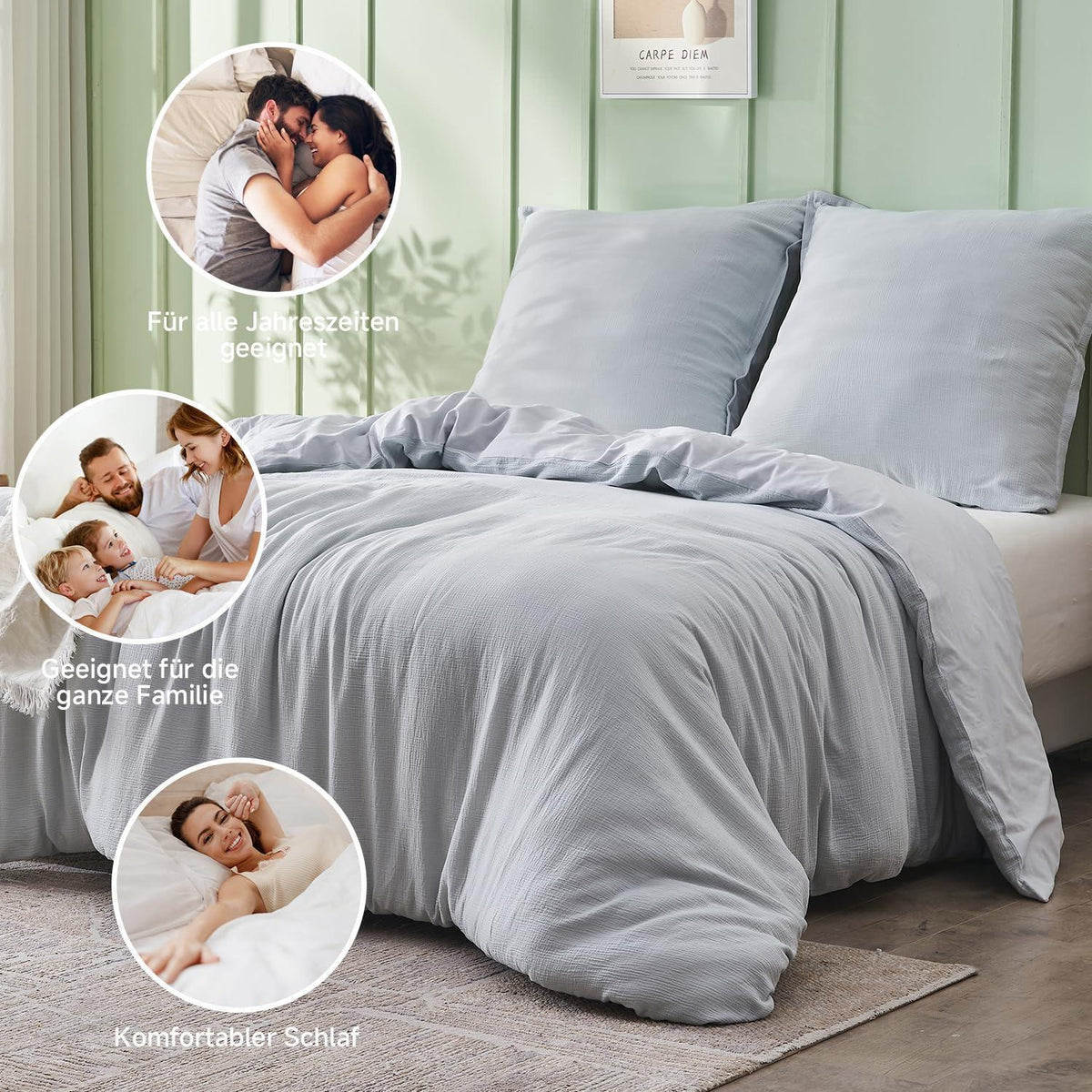 Musselin Bettwäsche Set 200x200 cm, Hellblau – Atmungsaktiv & Weich