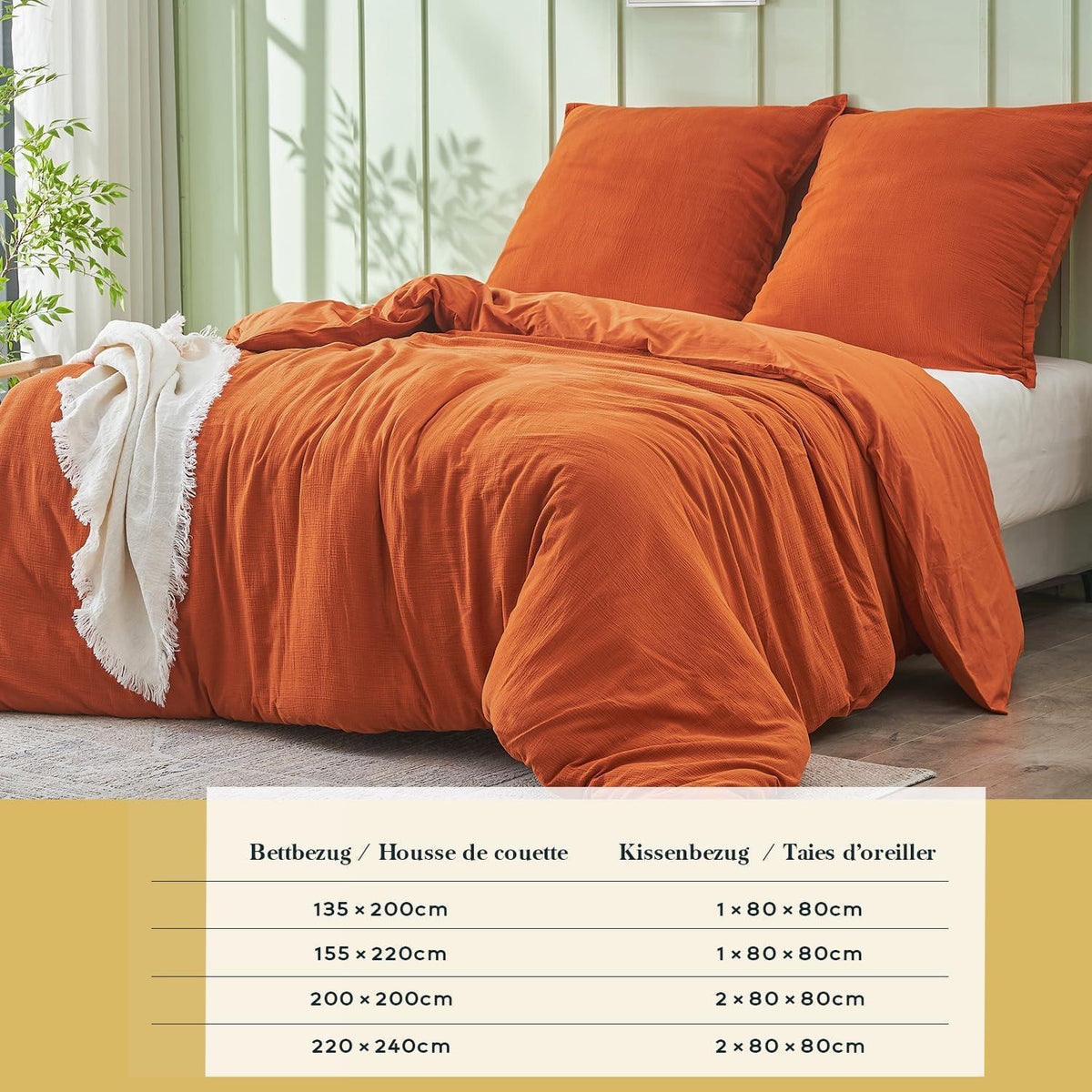Musselin Bettwäsche Set 220x240 cm, Atmungsaktiv & Weich, Orange Gebrannt