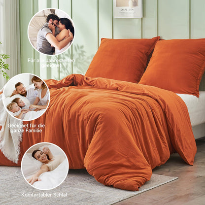 Musselin Bettwäsche Set 220x240 cm, Atmungsaktiv & Weich, Orange Gebrannt