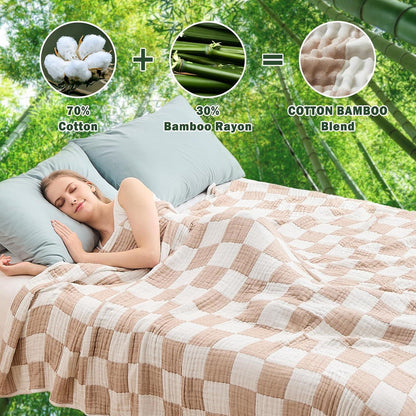Musselin Decke Kariert Baumwolle Bambus Hellbraun 200x230cm