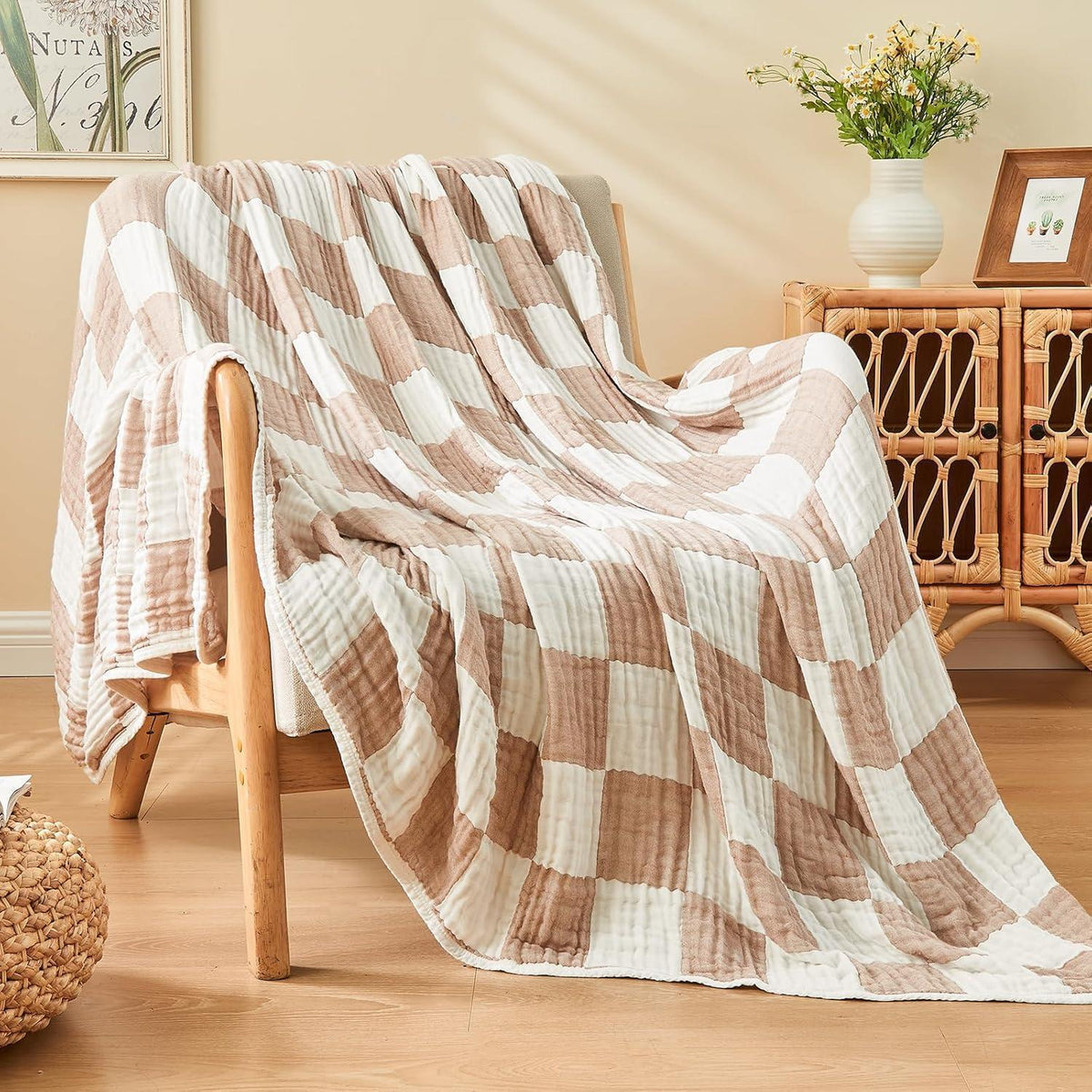 Musselin Decke Kariert Baumwolle Bambus Hellbraun 200x230cm