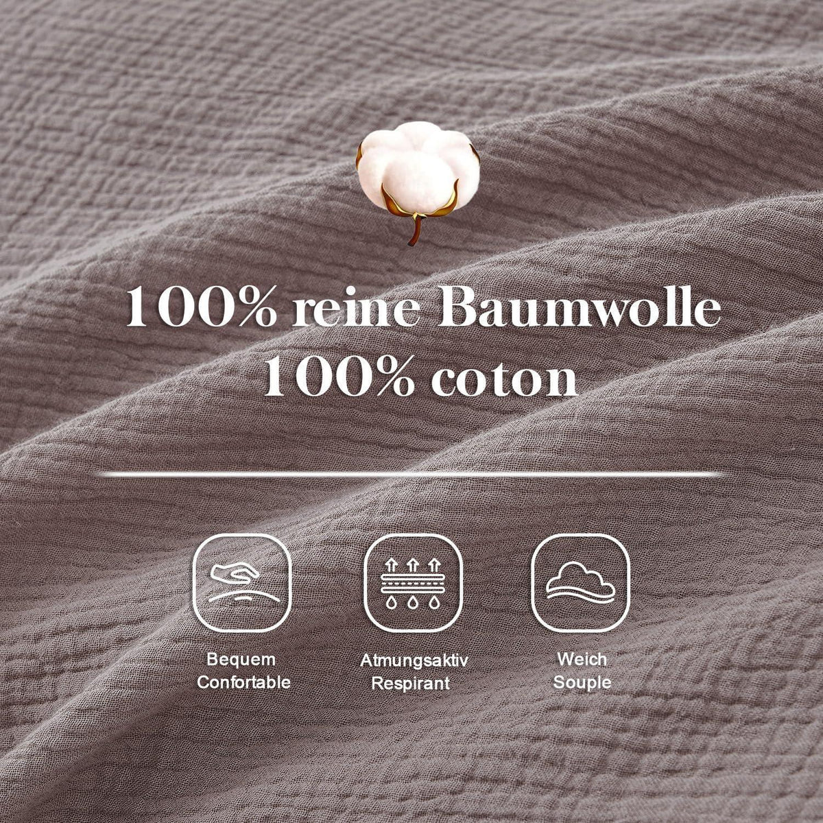 Musselin Bettwäsche Set 200x200 cm, Kaffee Grau