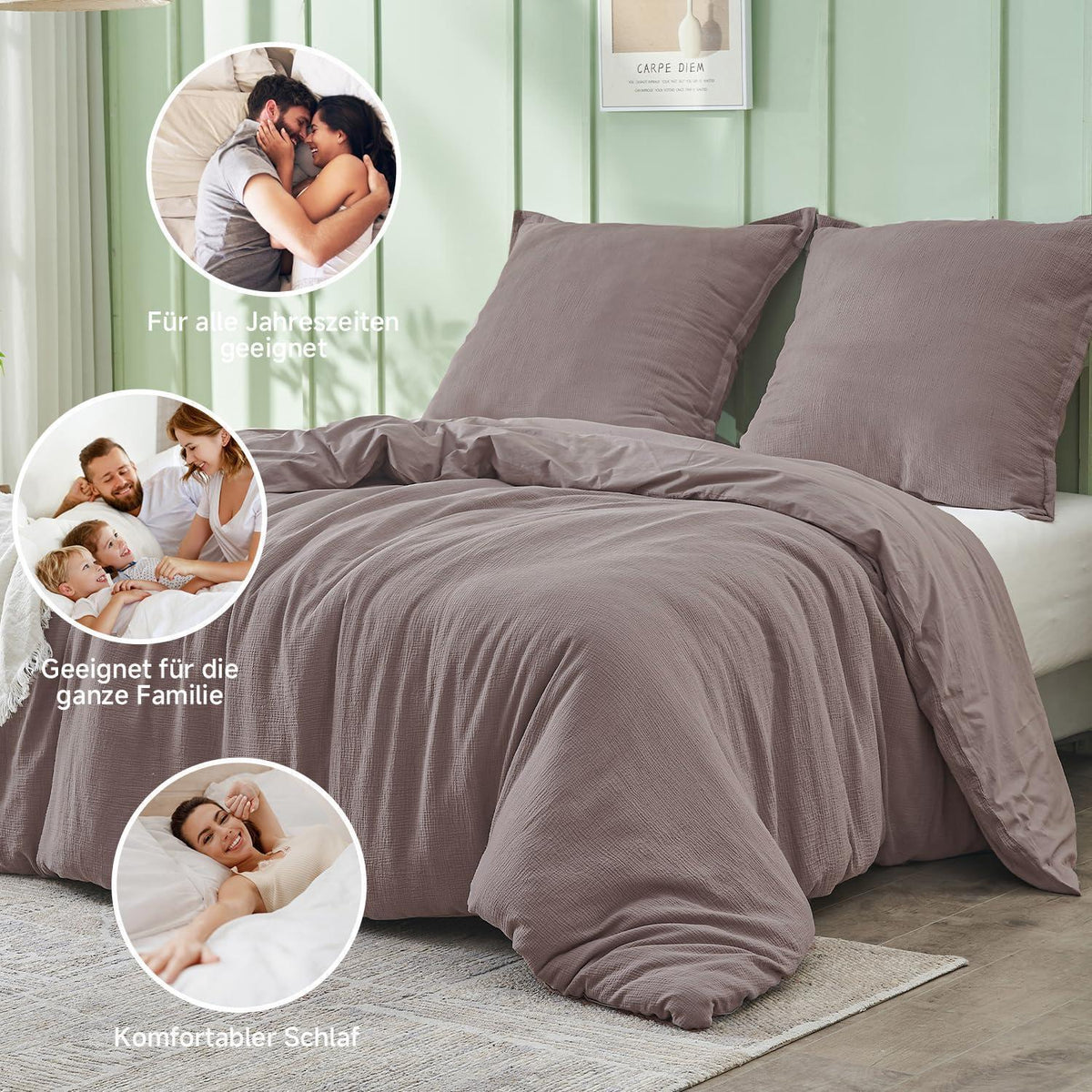 Musselin Bettwäsche Set 200x200 cm, Kaffee Grau