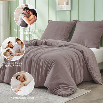Musselin Bettwäsche Set 200x200 cm, Kaffee Grau