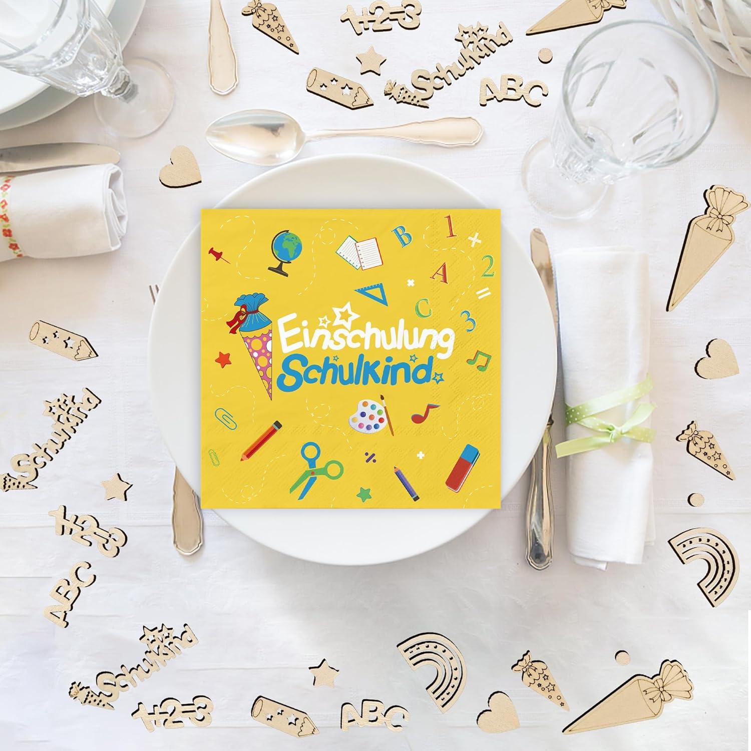 Einschulung Tischdeko Servietten Mädchen Jungen 40er Set Holz Konfetti Glitzernd