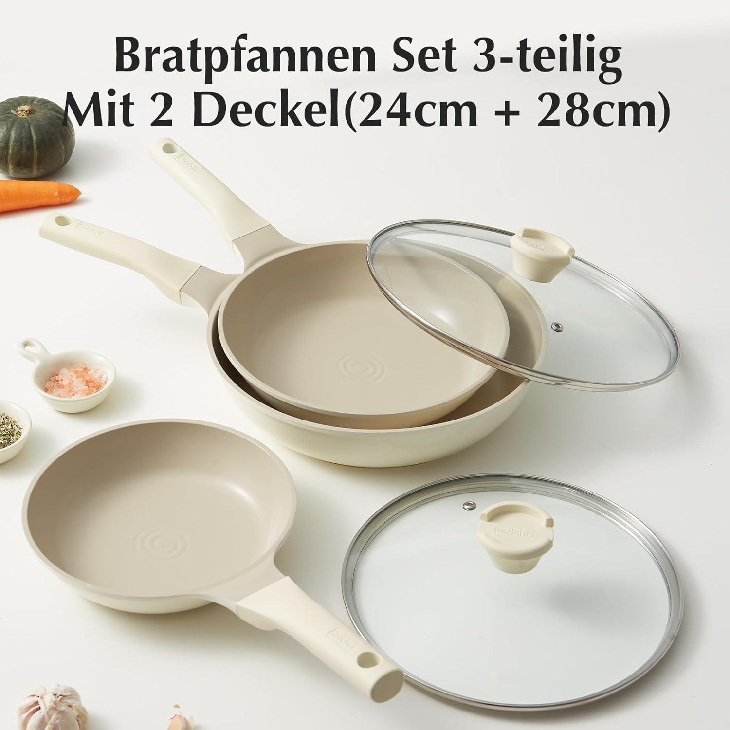 5-teiliges Keramik Pfannenset Antihaft Induktion 20/24/28 cm Beige