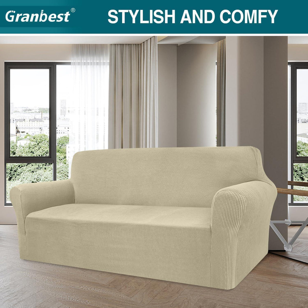 Elastischer Sofabezug 3-Sitzer Khaki – Modern & Schutz für Ihr Sofa