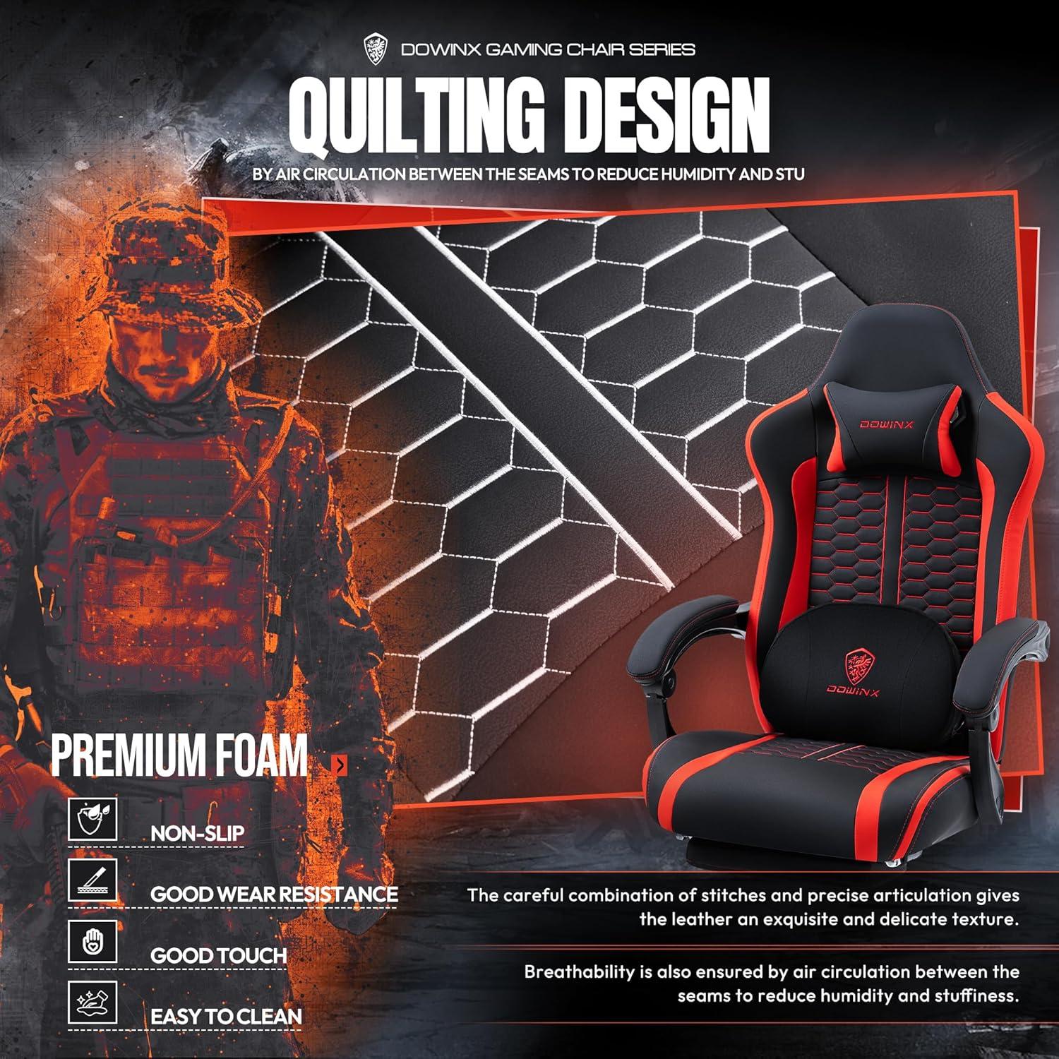 Dowinx Gaming Stuhl mit beheizter Massage Lendenwirbelstütze und Fußstütze, Gamer Stuhl High Back PC Stuhl - rot