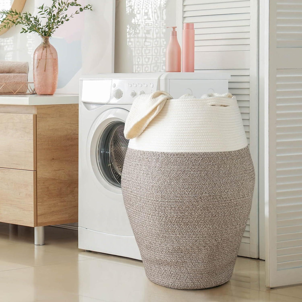 Großer Wäschekorb geflochten – 105L, Weiß & Braun