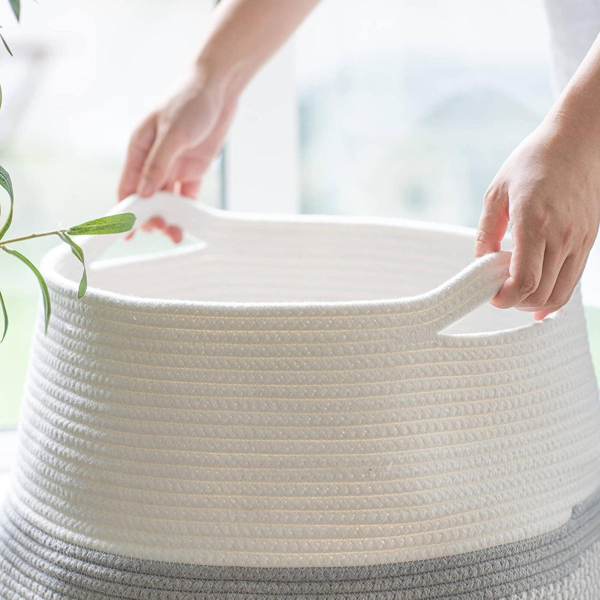 Wäschekorb geflochten, 65cm, Weiß & Grau – Großer Aufbewahrungskorb