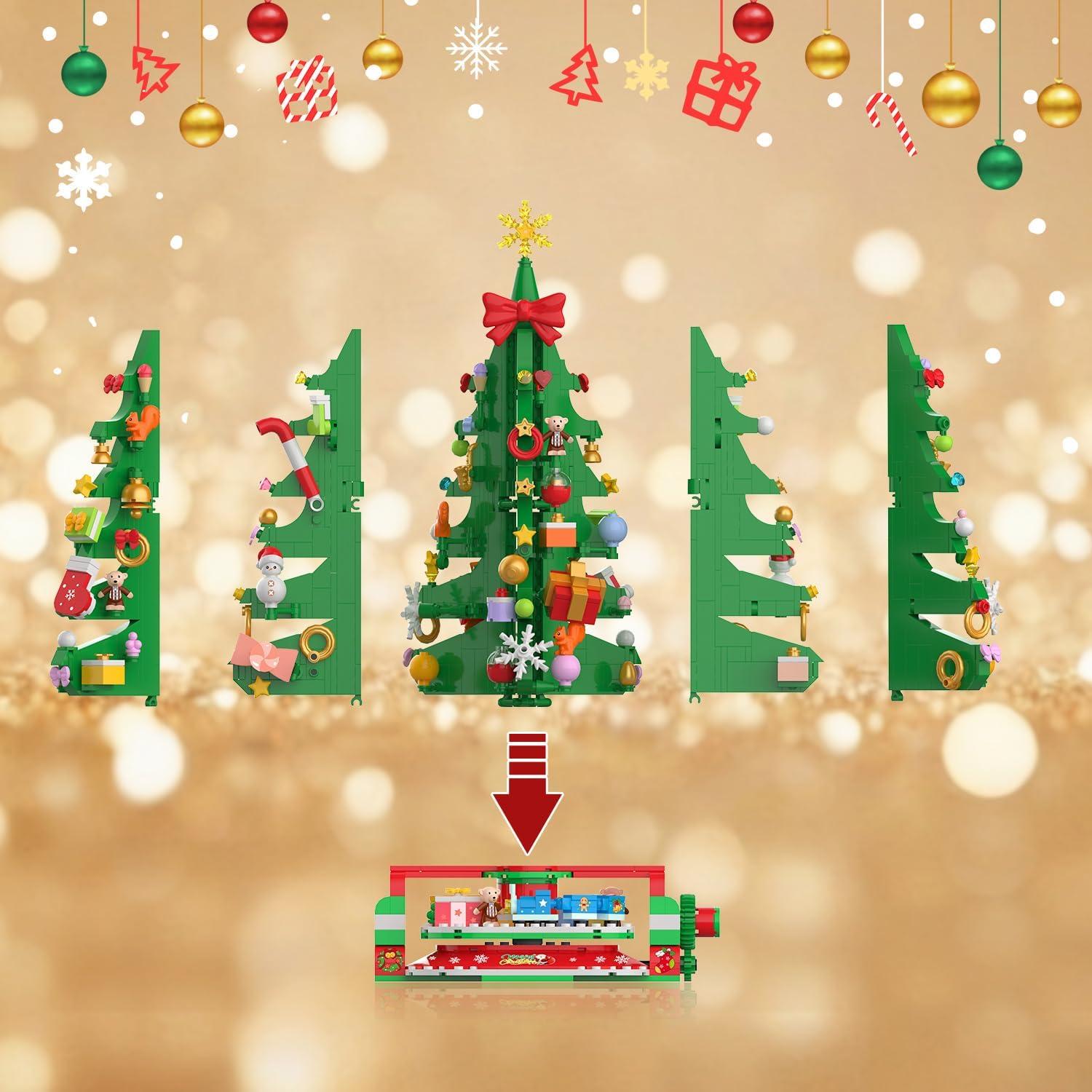 CUBIMANA Rotierender Weihnachtsbaum Mini Bausatz mit LED Licht 1145 Stück 2024 - Weihnachtsmann Schneemann Zug ab 10 Jahren