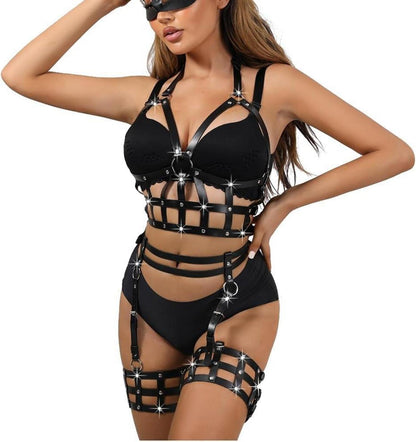 Damen PU-Leder Harness Set BDSM Bondage Gothic Dessous