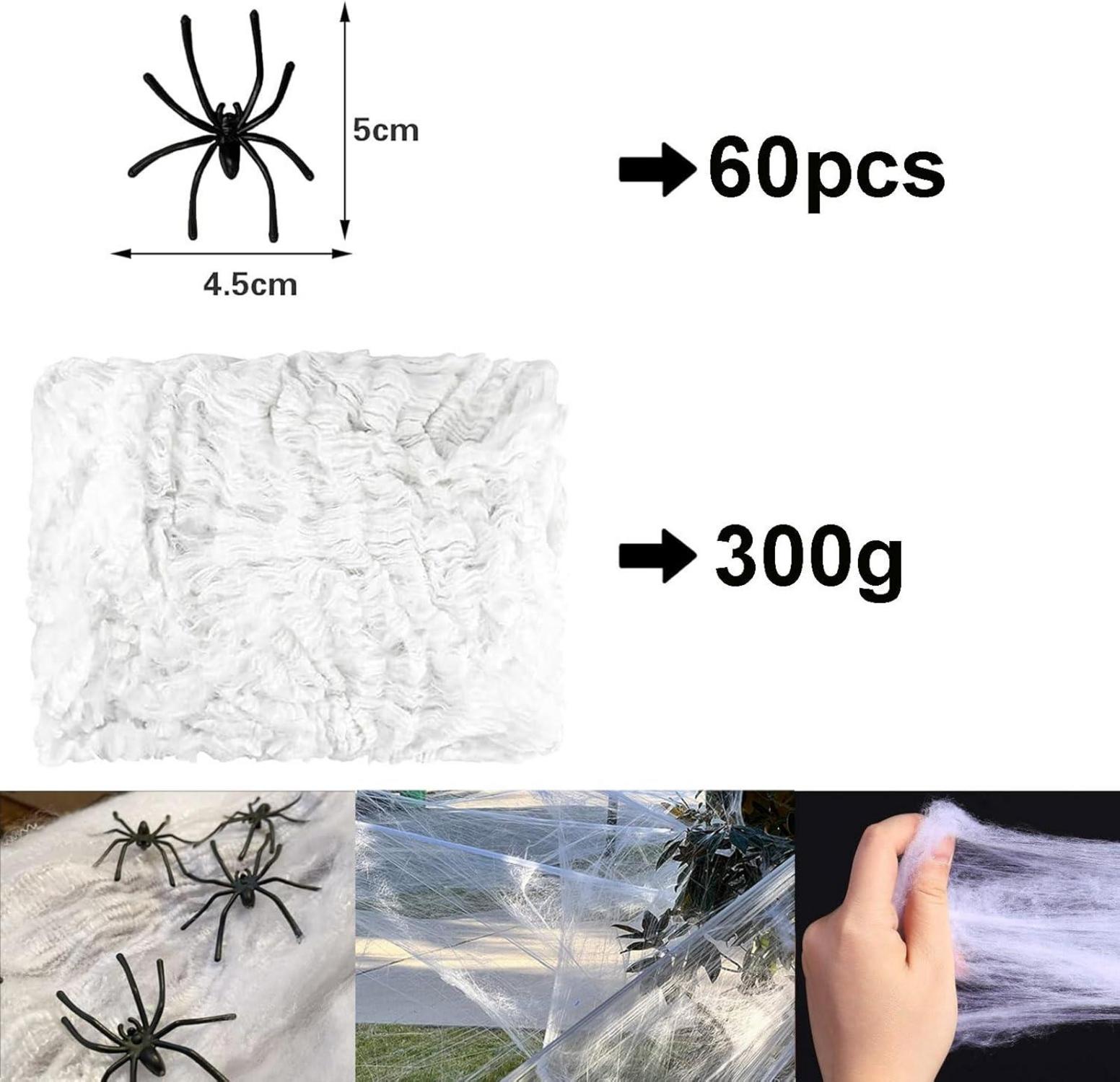 Halloween Spinnennetz Deko Set mit 60 Kunststoff-Spinnen