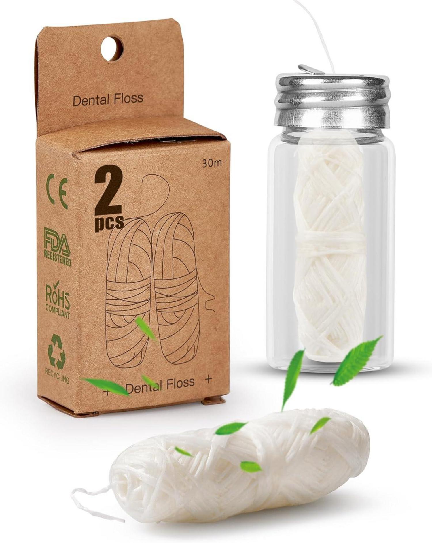 Nachhaltige Natur Zahnseide 2x30m im Glas-Zahnseidespender Minze Vegan