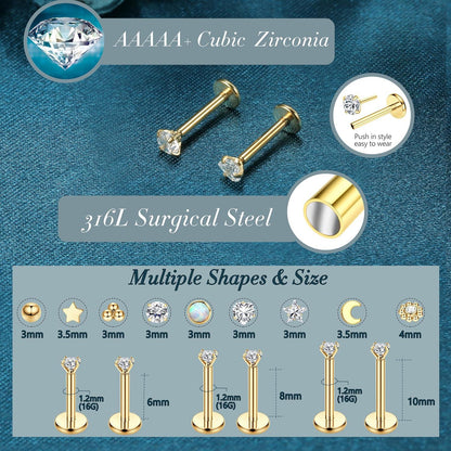 Helix Piercings Nasen Lippen Labret Set CZ Ohr Conch Tragus