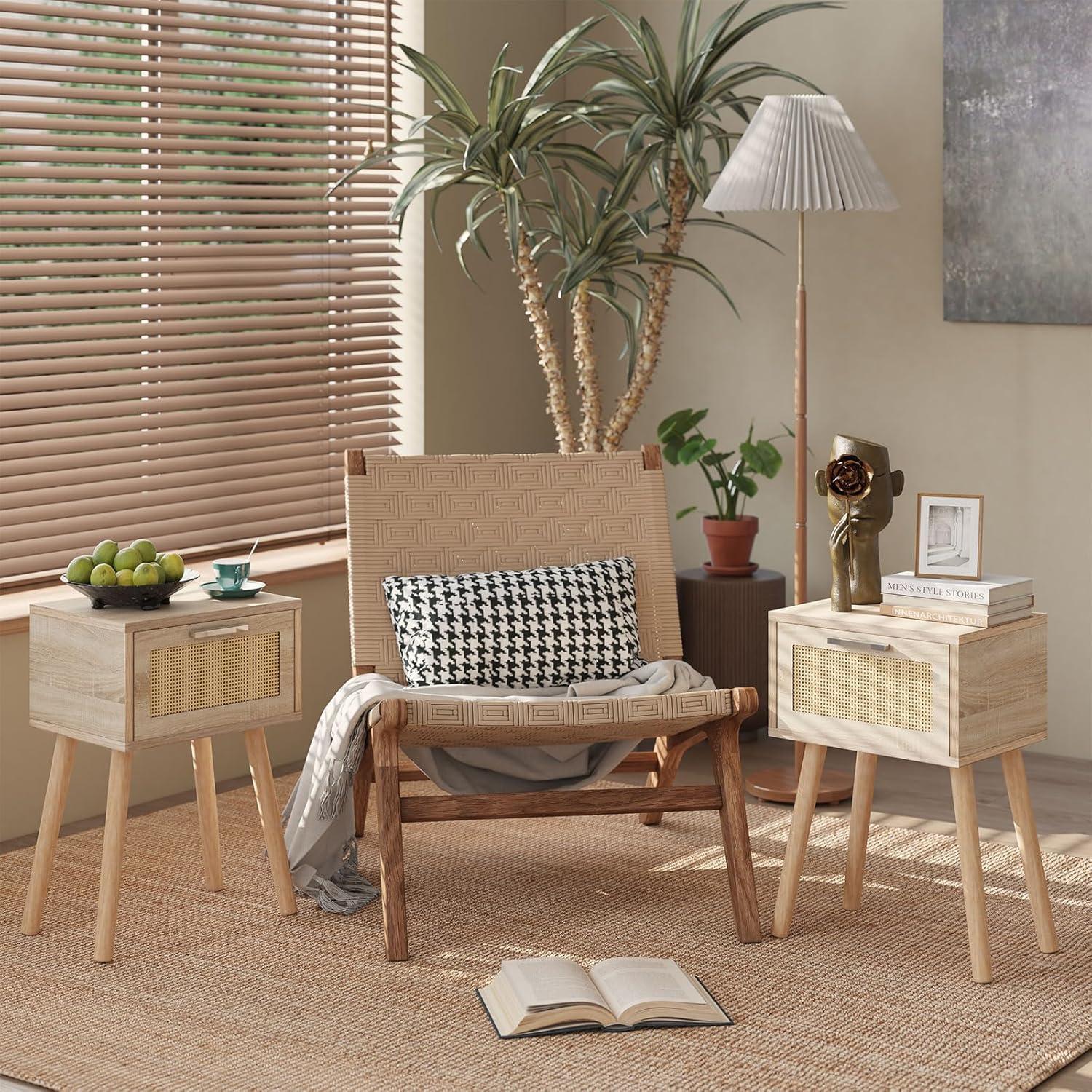 YMYNY Rattan Nachttisch mit Magnetschublade und Massivholz