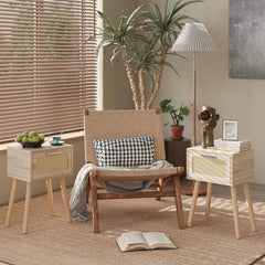 YMYNY Rattan Nachttisch mit Magnetschublade und Massivholz