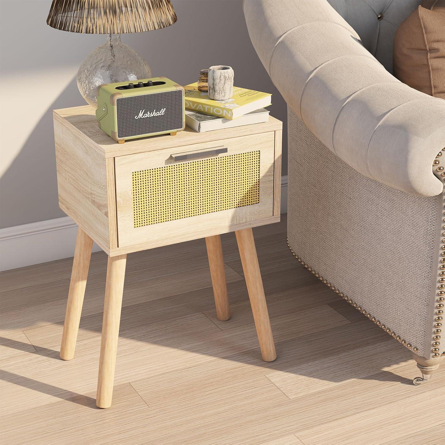 YMYNY Rattan Nachttisch mit Magnetschublade und Massivholzbeinen 35x27x53 cm Naturfarben