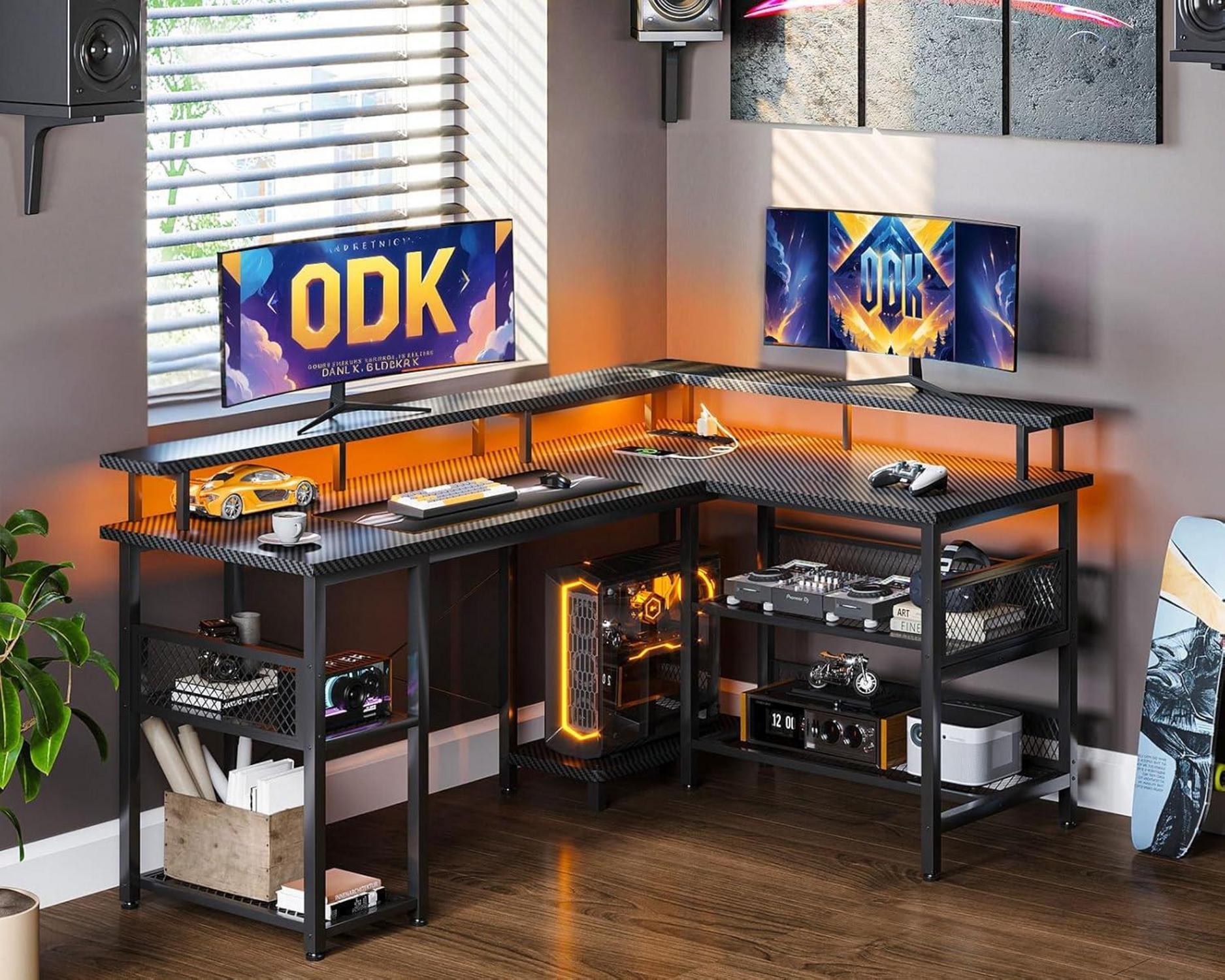 Gaming Eckschreibtisch LED USB Steckdosen Kohlefaser Schwarz 150×102cm