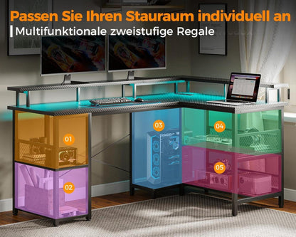 Gaming Schreibtisch LED USB Eckschreibtisch Kohlefaser 150×102cm