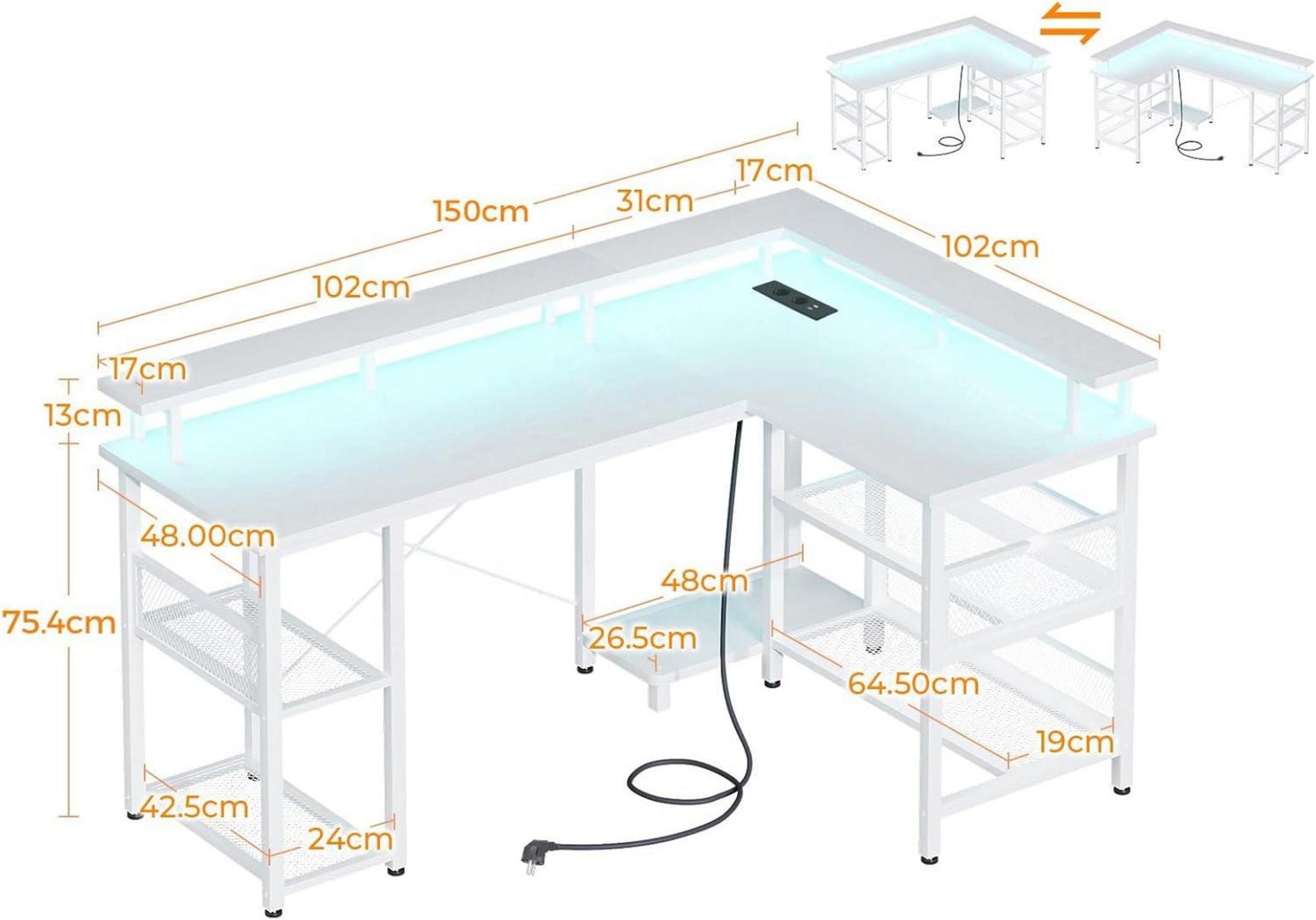 Gaming Tisch LED Beleuchtung USB Steckdosen Weiß 150x102cm