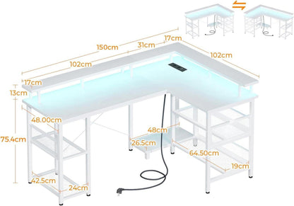 Gaming Tisch LED Beleuchtung USB Steckdosen Weiß 150x102cm