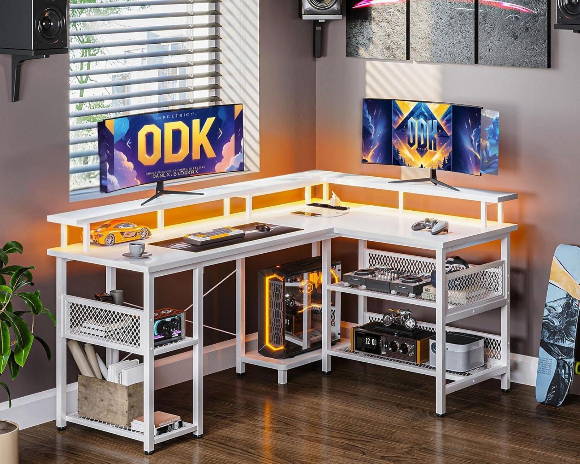 Gaming Tisch LED 2 Steckdosen 2 USB Eckschreibtisch Weiß 150x102cm
