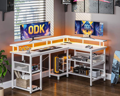 Gaming Tisch LED 2 Steckdosen 2 USB Eckschreibtisch Weiß 150x102cm