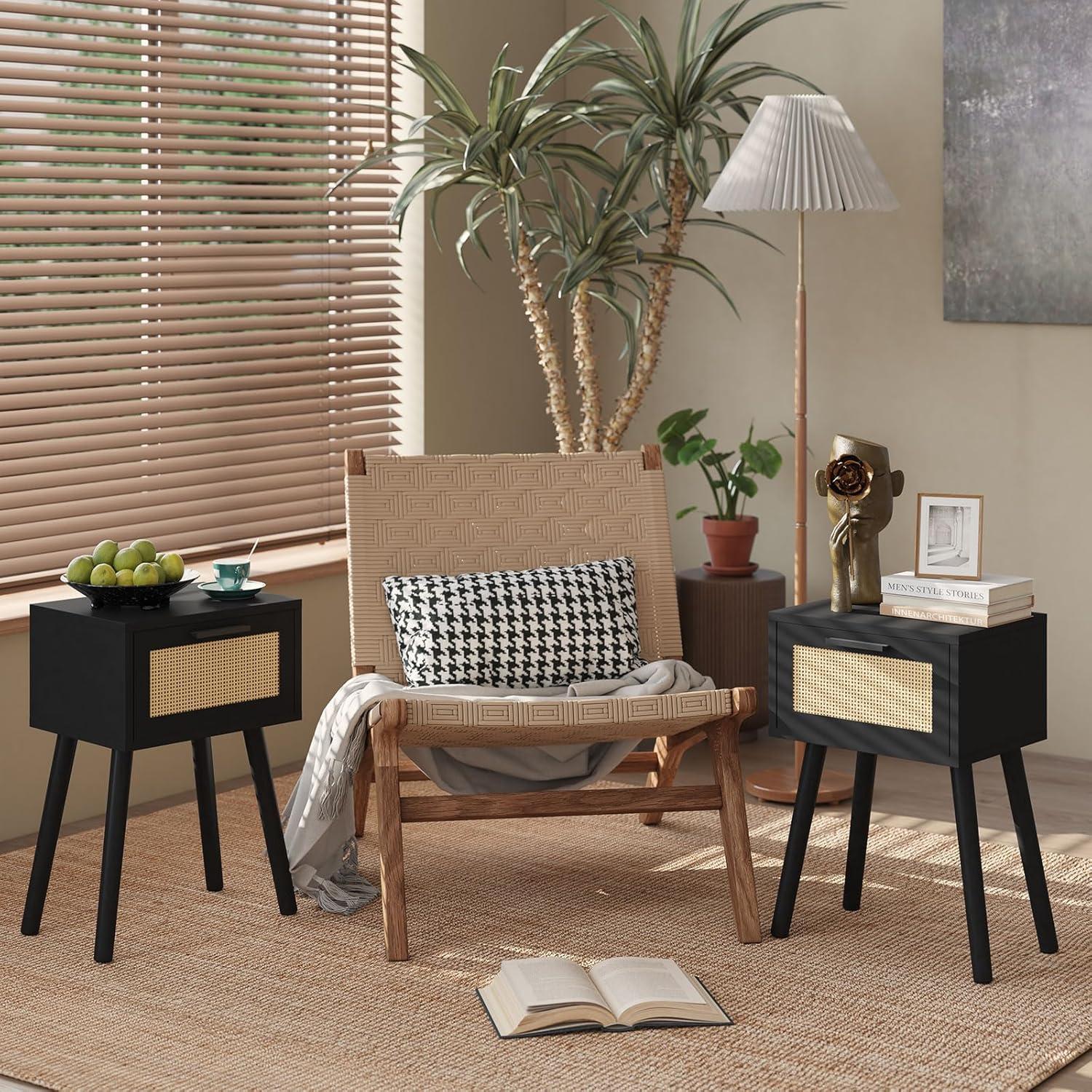 YMYNY Rattan Nachttisch Set mit Magnetschublade, Massivholz