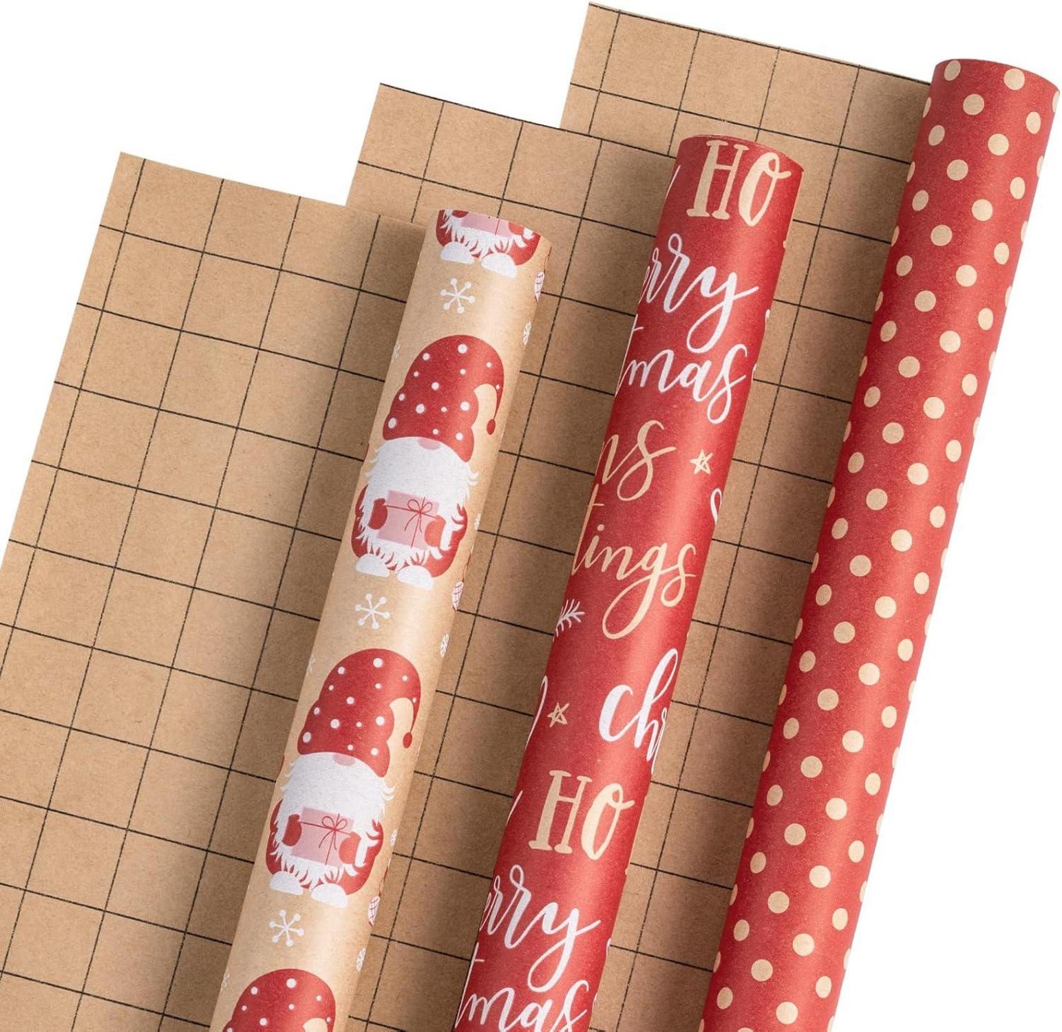 Weihnachts-Geschenkpapierrolle Kraftpapier 43,2cm x 3m 3 Rollen roter