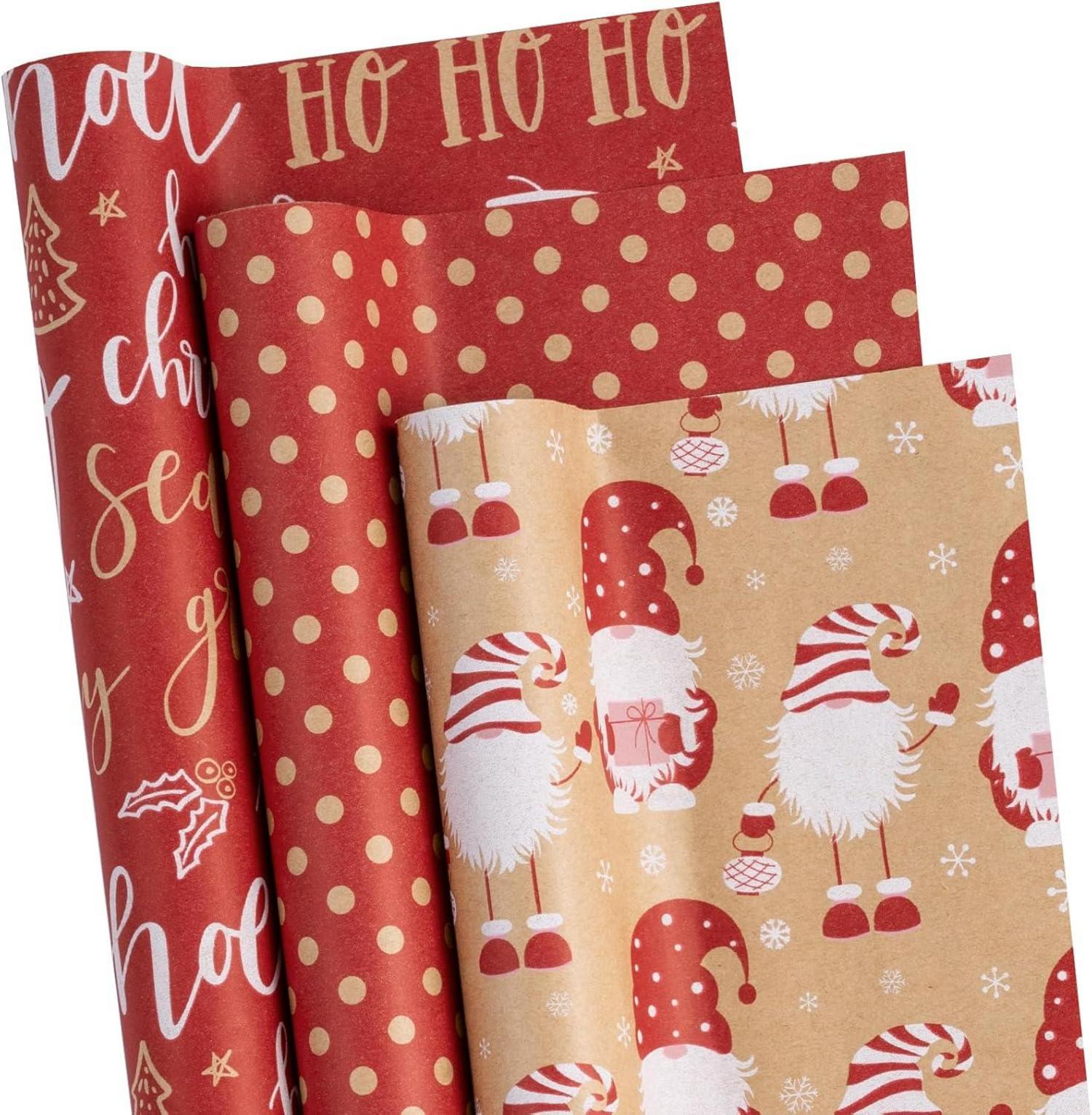 Weihnachts-Geschenkpapier 3 Rollen Kraftpapier 43,2x3 m rot Zwerg