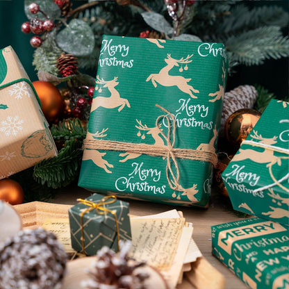 3 Rollen Weihnachts-Geschenkpapier: Weihnachtsmann Rentier Frohe Weihnachten