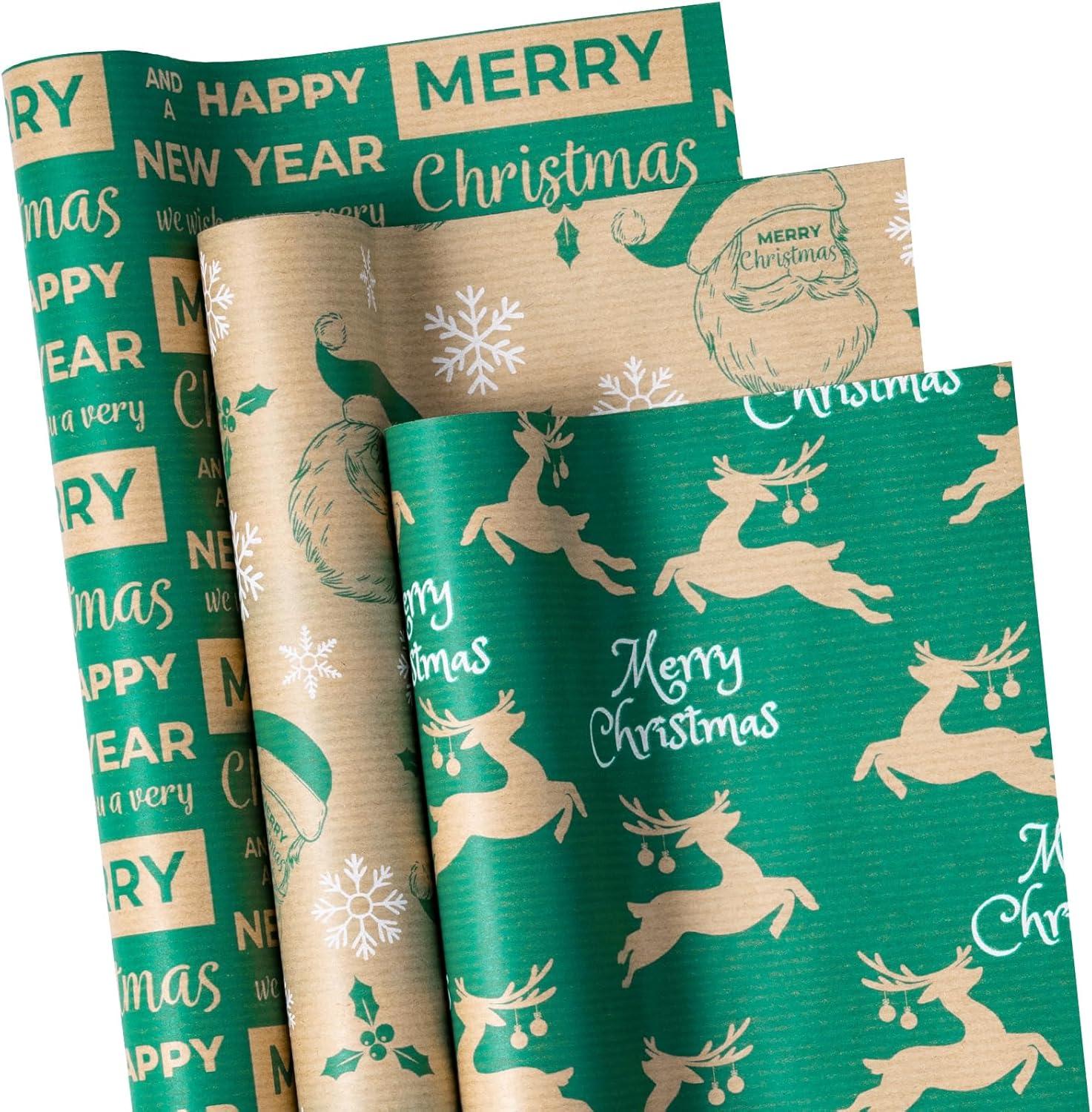 Weihnachts-Geschenkpapierrolle 3 Rollen Kraftpapier 43,2cm x 3m Weihnachtsdesign