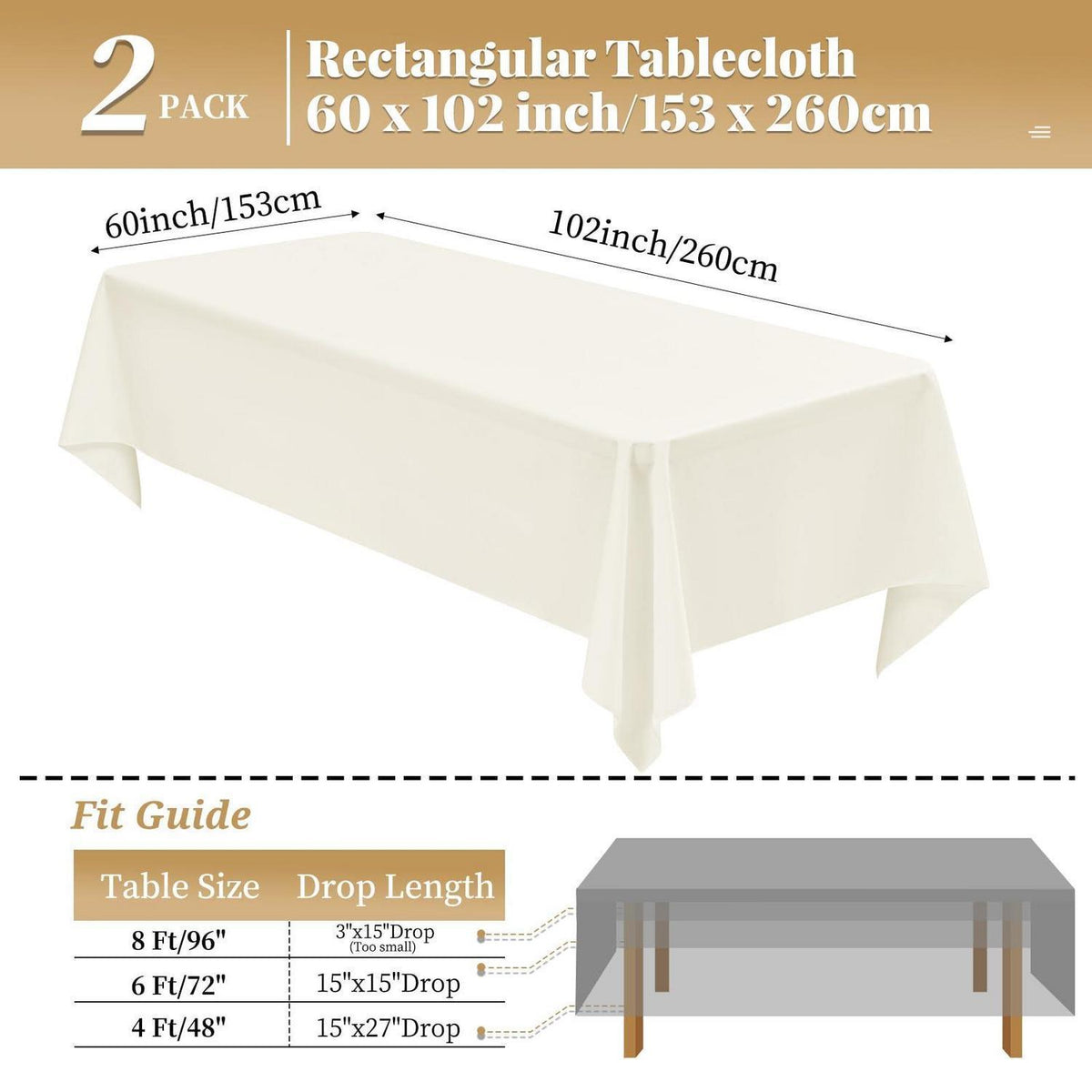 2er-Pack Elfenbeinfarbene Tischdecken 153x260 cm – Rechteckig & Waschbar