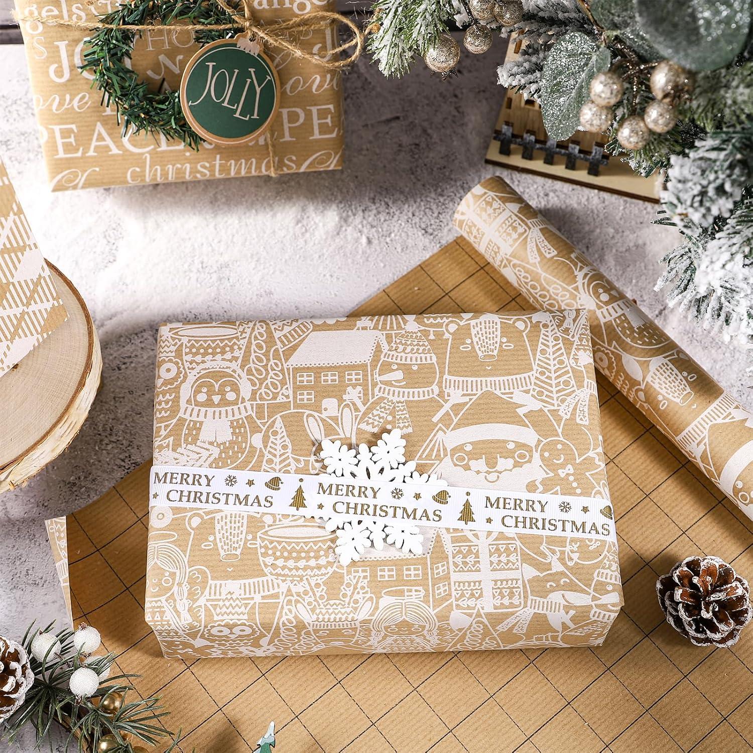 Weihnachts-Geschenkpapierrolle aus Kraftpapier 43,2 cm x 3 m 3 Rollen Weißer Weihnachtsmann Karo