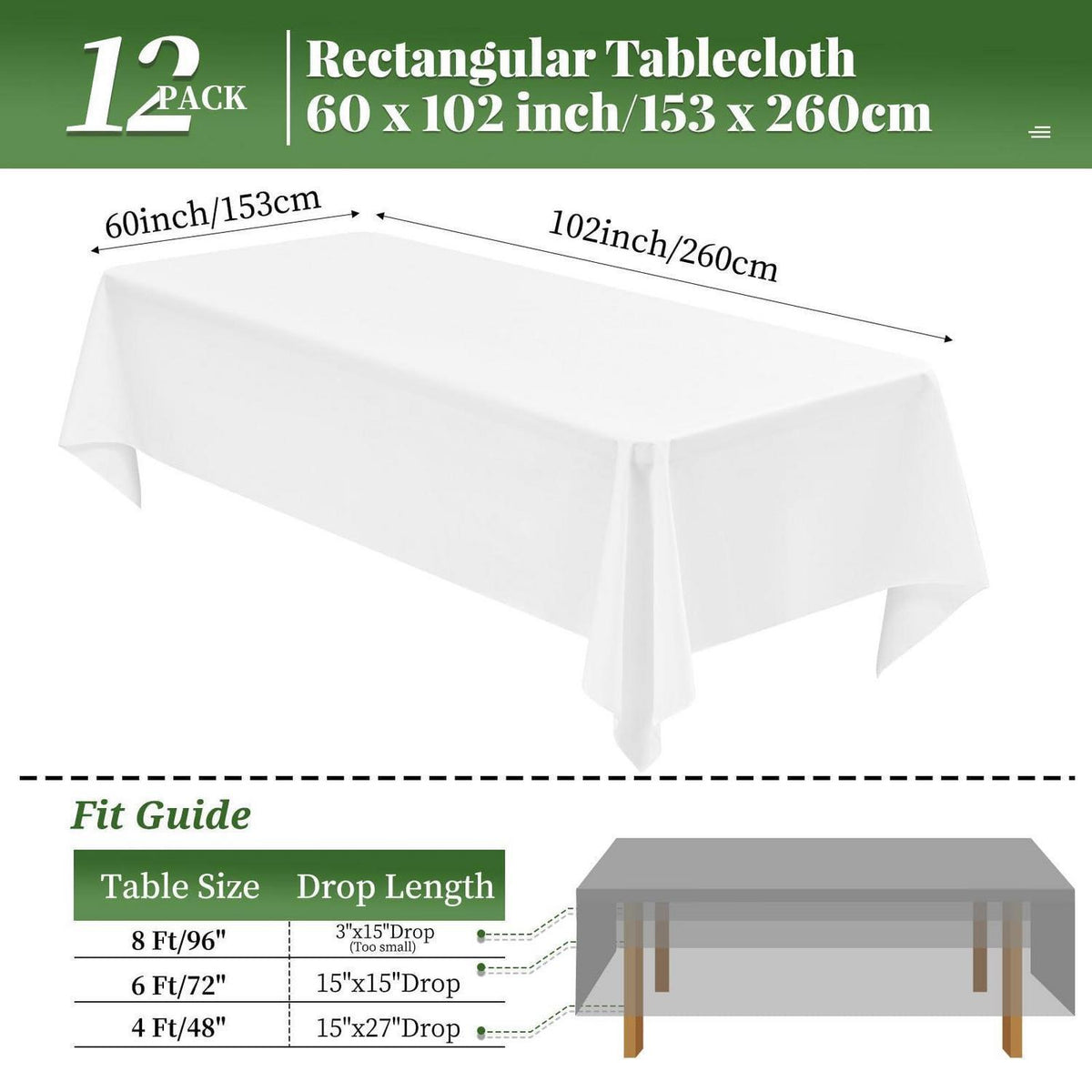 12er-Pack Weiße Tischdecken Rechteckig 153x260 cm – Hochzeit, Bankett