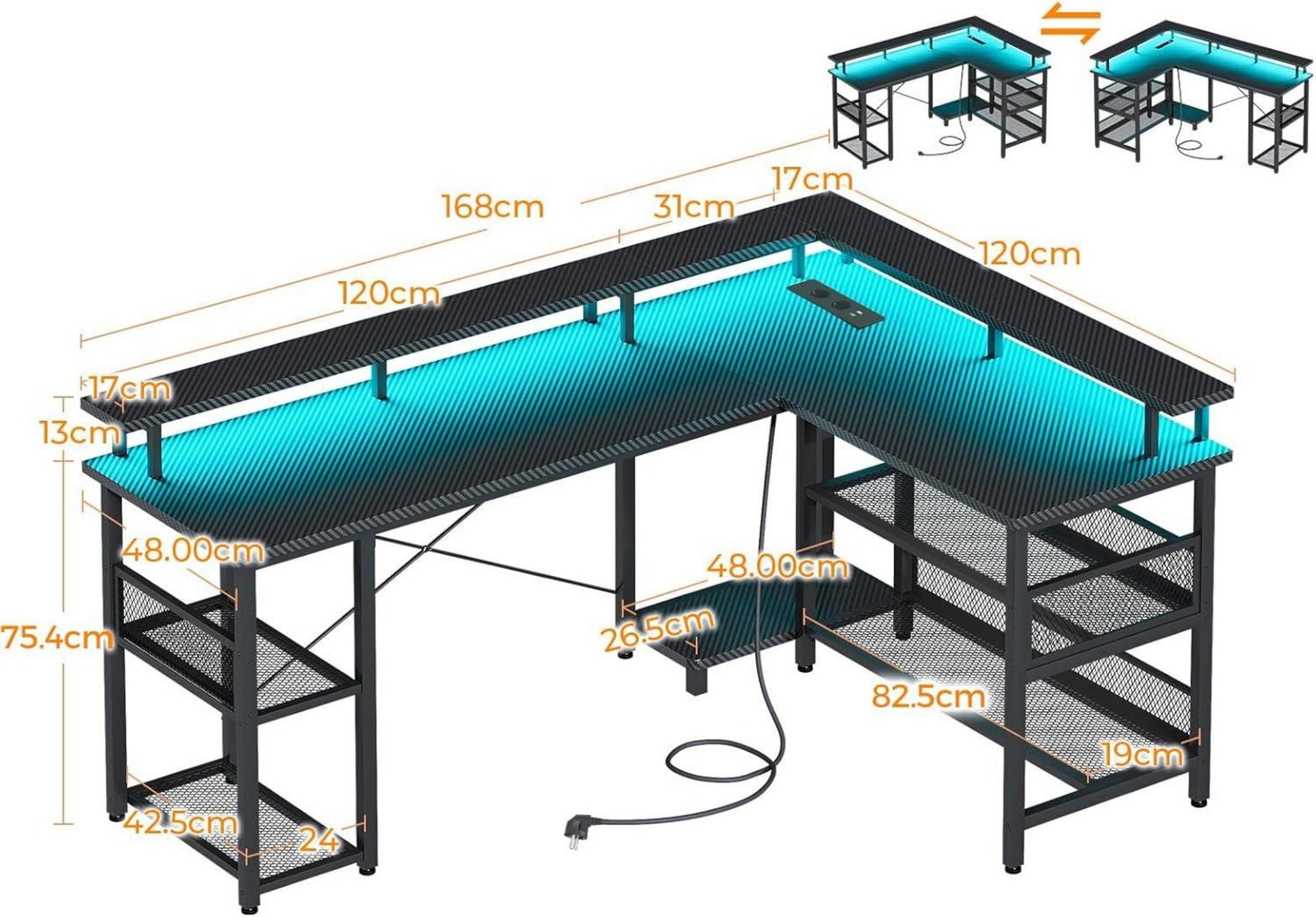Gaming Tisch LED mit Steckdosen USB Kohlefaser 168×120cm